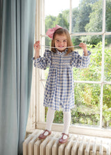 Mirabai Dress Swedish Blue Check with Pink Sky At Night Hand Smocking