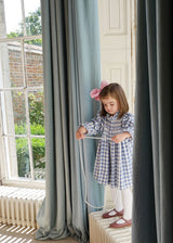 Mirabai Dress Swedish Blue Check with Pink Sky At Night Hand Smocking