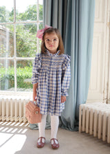 Mirabai Dress Swedish Blue Check with Pink Sky At Night Hand Smocking