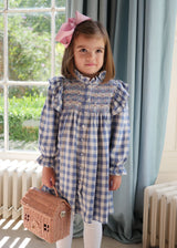 Mirabai Dress Swedish Blue Check with Pink Sky At Night Hand Smocking