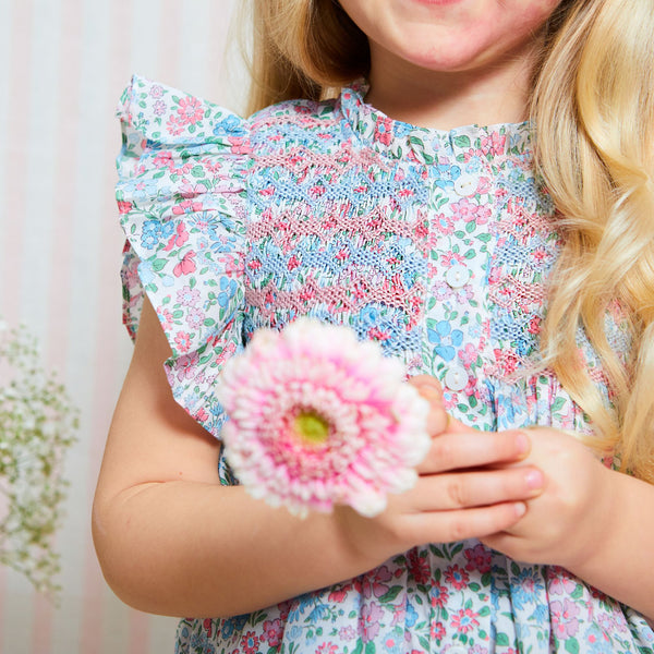 Mirabai Dress made with Summer Meadow Hand Smocking made with Liberty Annabella