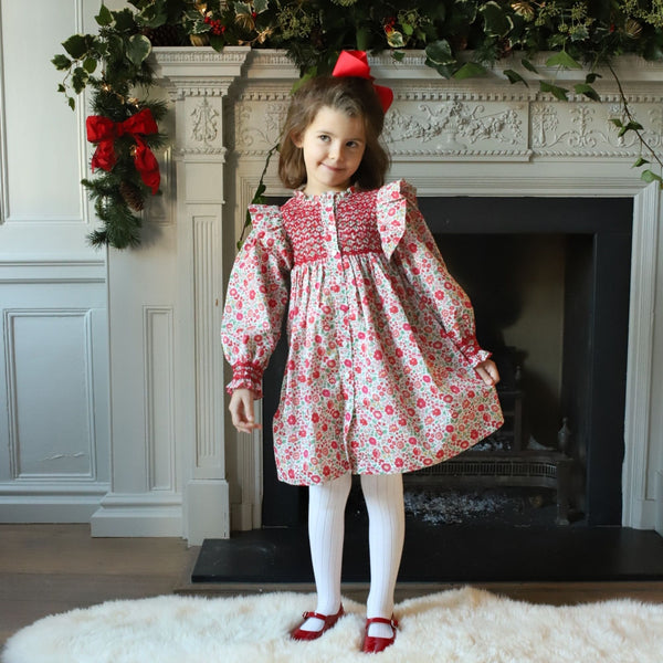 Mirabai Dress with Poinsettia Hand Smocking made with Liberty D'anjo Fabric