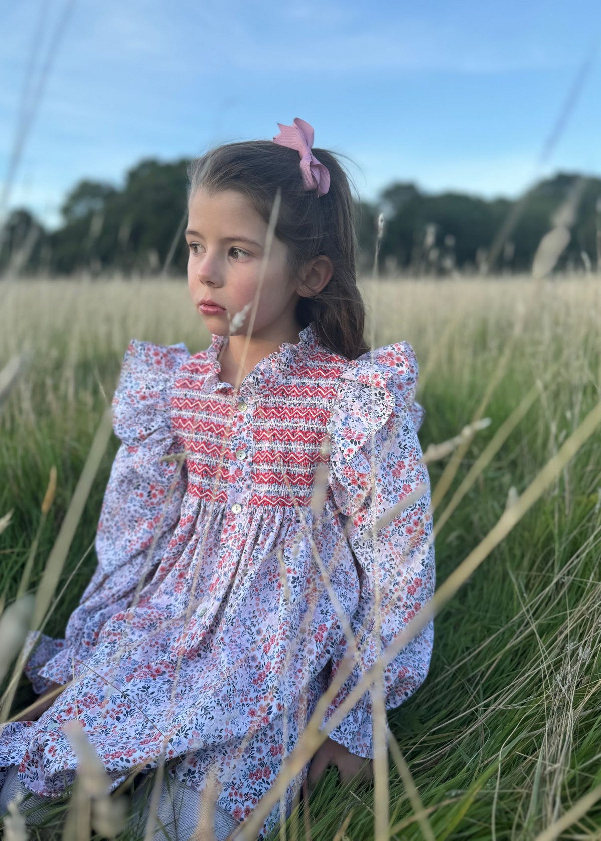 3-4 & 6-8y Mirabai Dress Petunia Floral with Rose White and Rose Red Hand Smocking