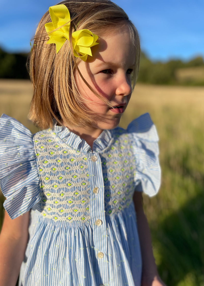 Mirabai Dress Lemon Spot Stripe with Lemon Soda Hand Smocking