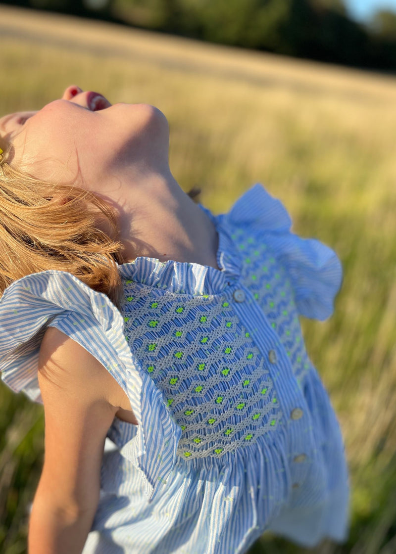 Mirabai Dress Lemon Spot Stripe with Lemon Soda Hand Smocking