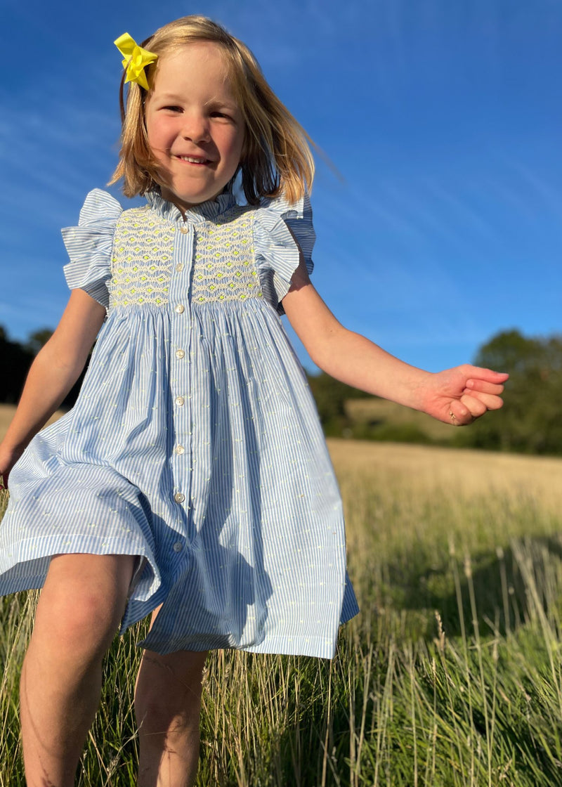 Mirabai Dress Lemon Spot Stripe with Lemon Soda Hand Smocking