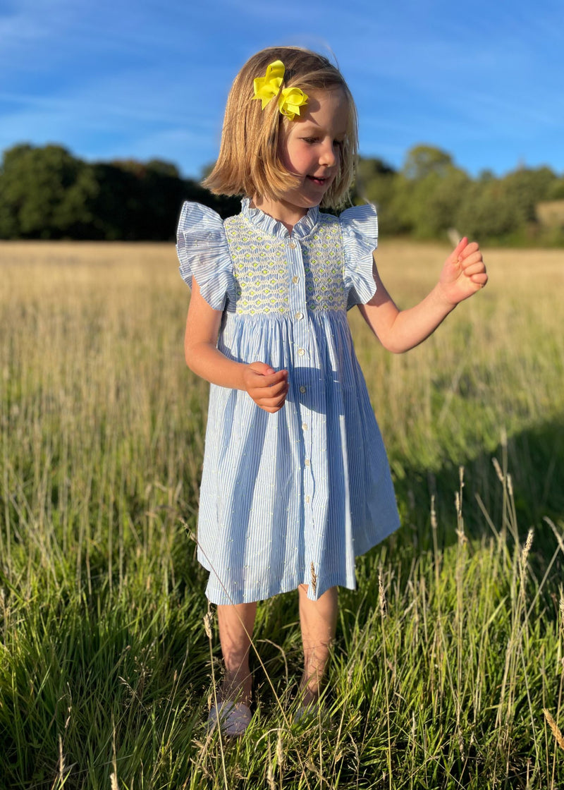 Mirabai Dress Lemon Spot Stripe with Lemon Soda Hand Smocking