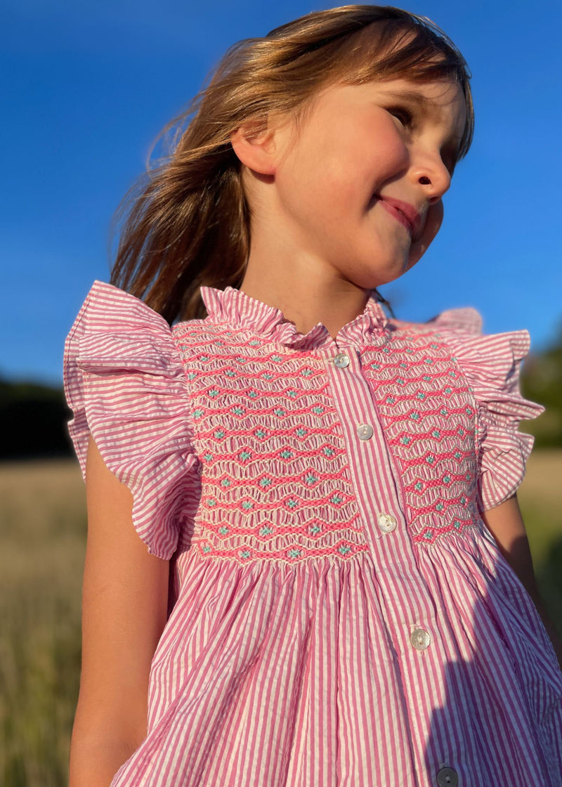 Mirabai Dress Raspberry Stripe Seersucker with Cool-Ade Hand Smocking
