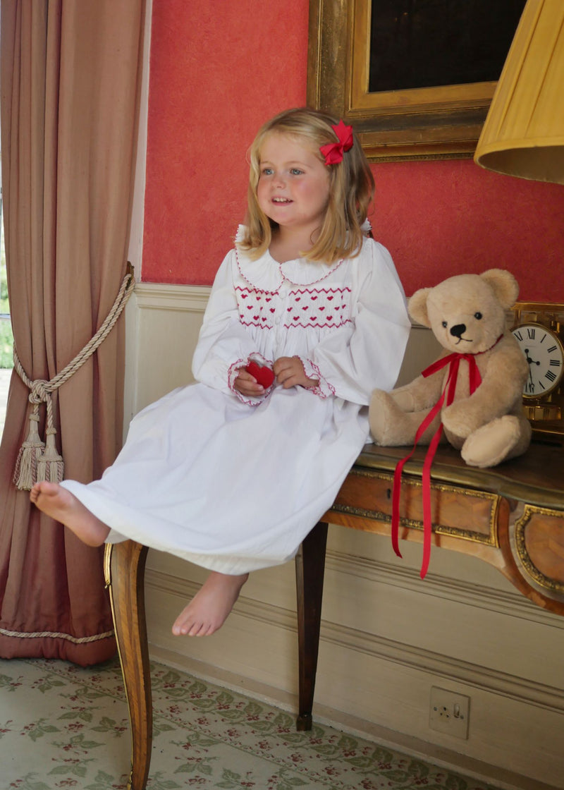 Nightingale Girl's Dress Moonstone with Red Hearts Hand Smocking