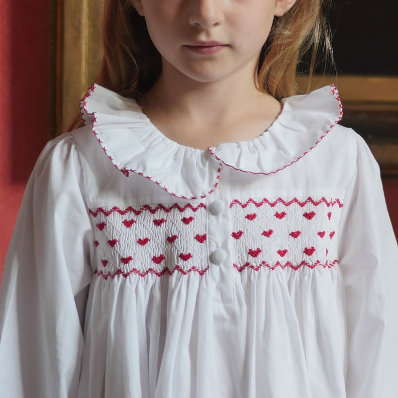 Nightingale Dress Moonstone with Red Hearts Hand Smocking