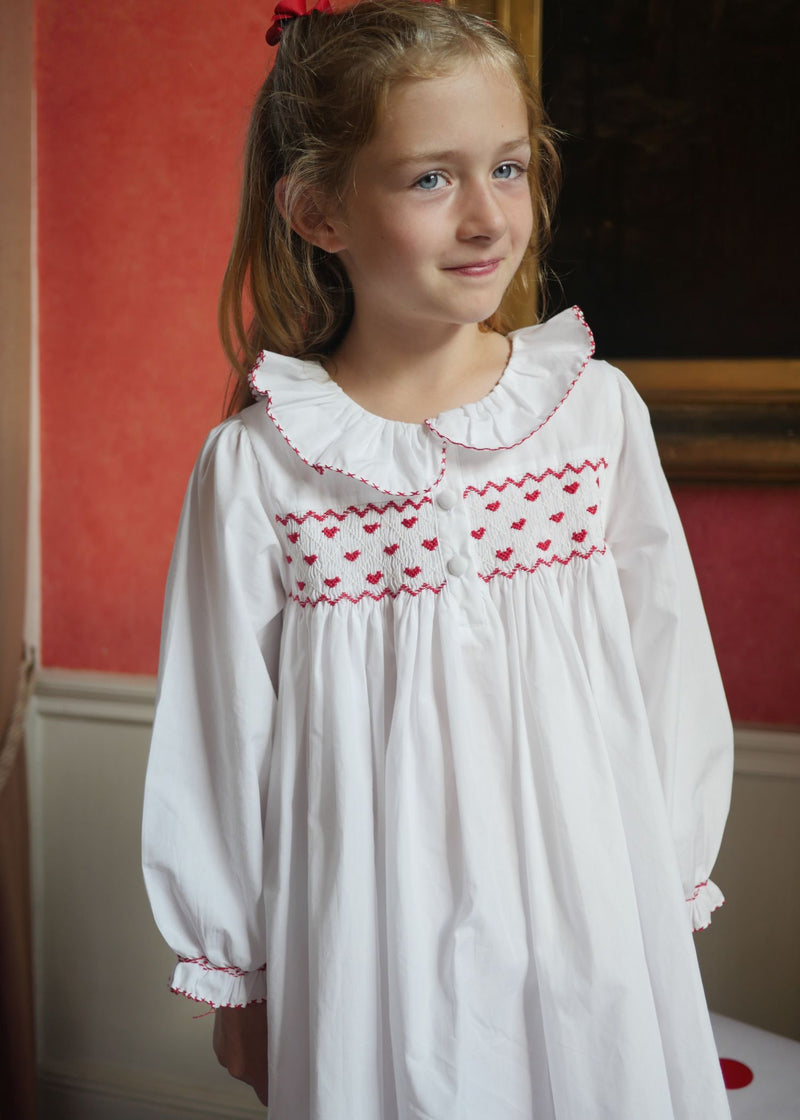 Nightingale Girl's Dress Moonstone with Red Hearts Hand Smocking