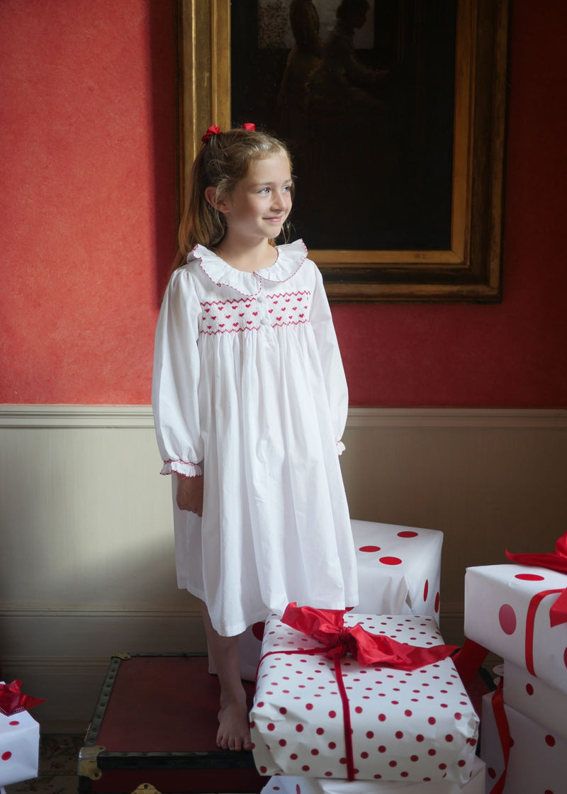 Nightingale Girl's Dress Moonstone with Red Hearts Hand Smocking