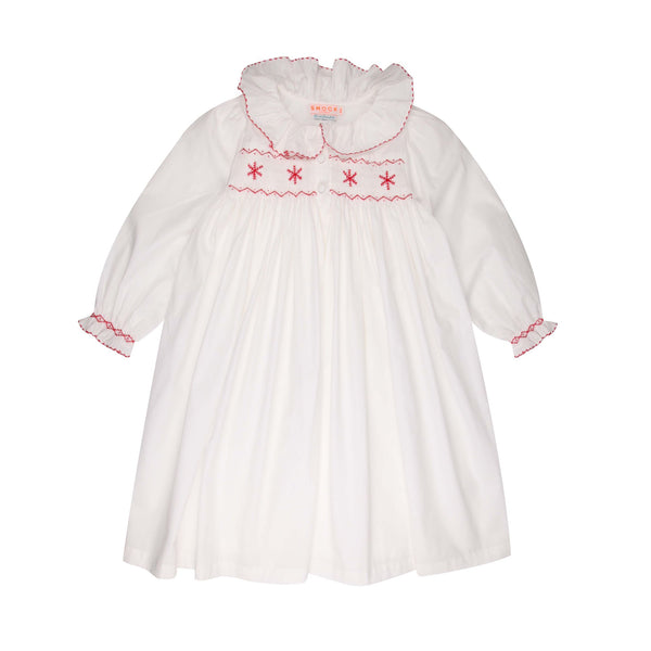 Nightingale Dress Moonstone with Scarlet Snowflakes Hand Smocking