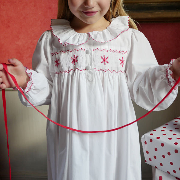 Nightingale Dress Moonstone with Scarlet Snowflakes Hand Smocking