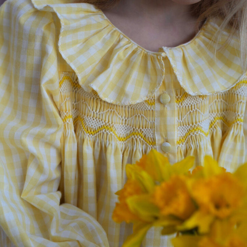 Nightingale Girl's Dress Primrose Gingham with Daffodil Hand Smocking