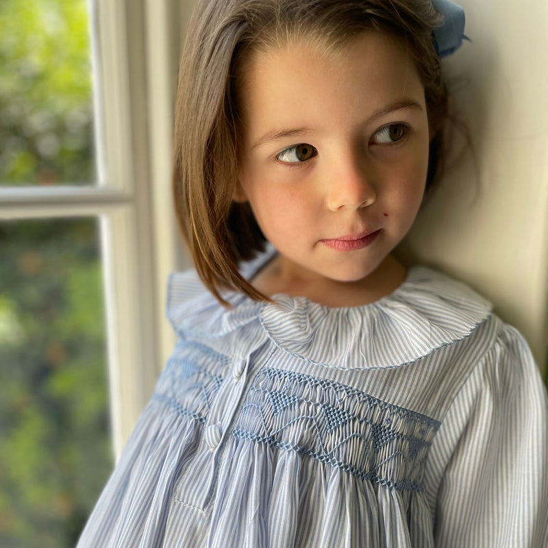 Nightingale Night Dress Deckchair Stripe with Sky Blue Hand Smocking