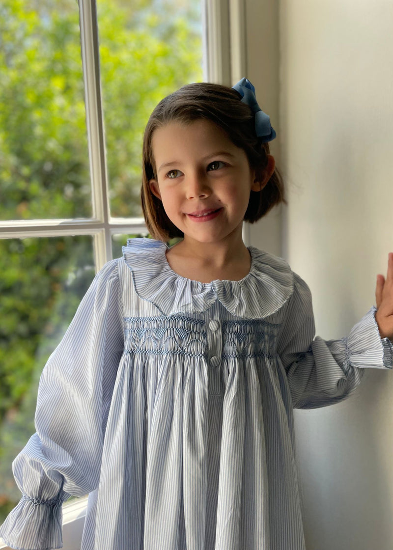 Nightingale Night Dress Deckchair Stripe with Sky Blue Hand Smocking