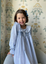 Nightingale Night Dress Deckchair Stripe with Sky Blue Hand Smocking