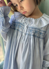 Nightingale Night Dress Deckchair Stripe with Sky Blue Hand Smocking