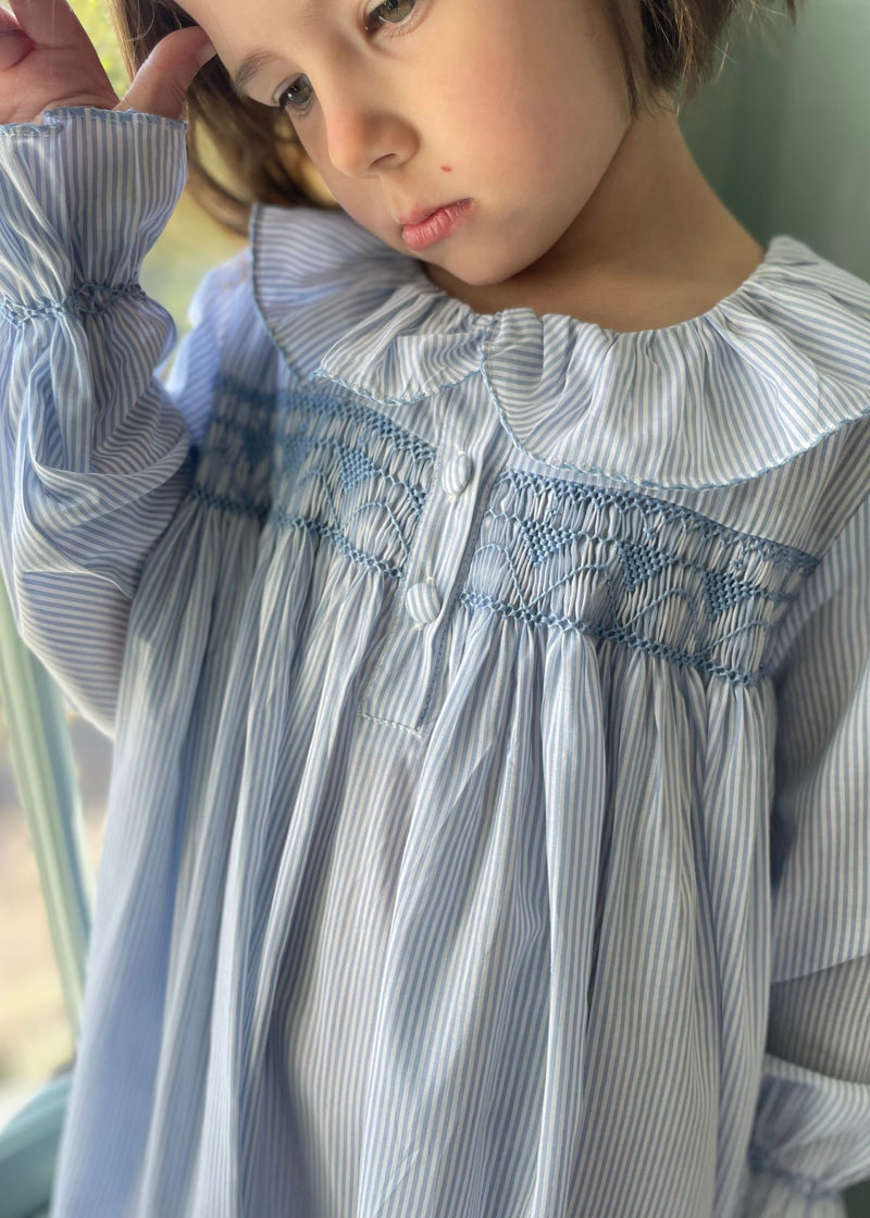 Nightingale Night Dress Deckchair Stripe with Sky Blue Hand Smocking