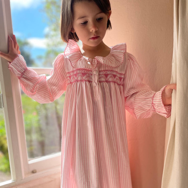 Nightingale Night Dress Strawberries & Cream Stripe with Lovebug Hand Smocking