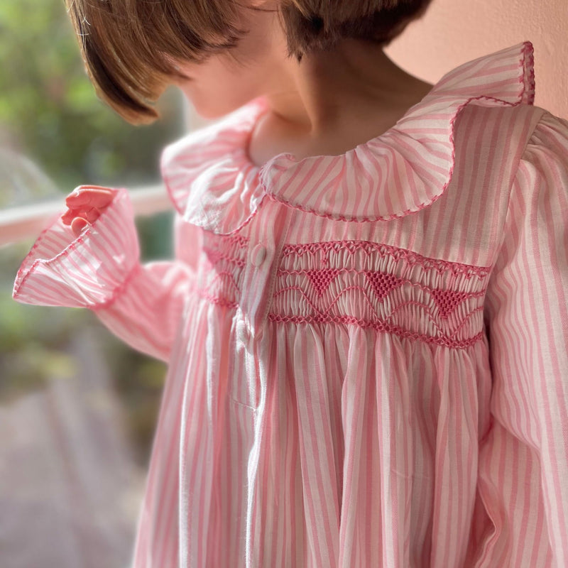 Nightingale Night Dress Strawberries & Cream Stripe with Lovebug Hand Smocking