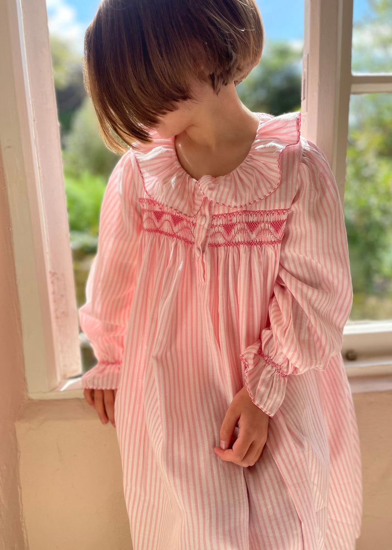 Nightingale Night Dress Strawberries & Cream Stripe with Lovebug Hand Smocking