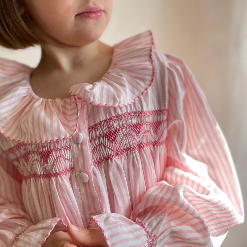 Nightingale Night Dress Strawberries & Cream Stripe with Lovebug Hand Smocking