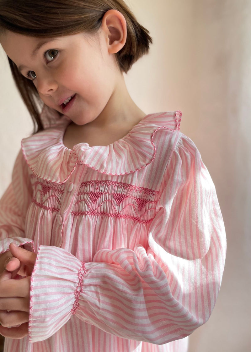 Nightingale Night Dress Strawberries & Cream Stripe with Lovebug Hand Smocking