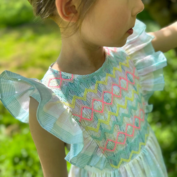 1-2 & 2-3y Pavlova Dress Sorbet Check with Pastel Pile Up Hand Smocking