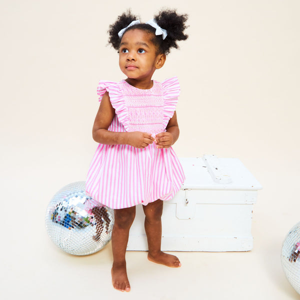 Pavlova Romper Flamboyance of Flamingos Stripes with Raspberry Ripple Hand Smocking