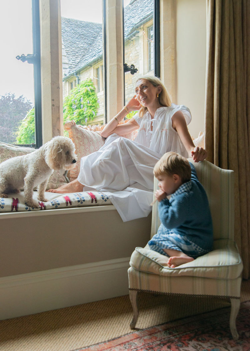 Pom x Smock London Marianne North Dress with Dusty Pink Bows Hand Smocking and Bow Ties