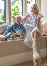 Pom x Smock London Marianne North Dress with Dusty Pink Bows Hand Smocking and Bow Ties
