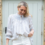 Pom x Smock London Scholl Women's Blouse Chalk Blue Ditsy with Forget Me Not Fields Hand Smocking