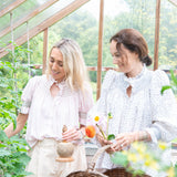 Pom x Smock London Scholl Women's Blouse Short Sleeves Sweetpea Pink Ditsy with Cottage Garden Hand Smocking