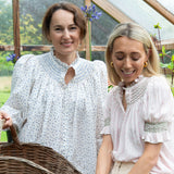 Pom x Smock London Scholl Women's Blouse Short Sleeves Sweetpea Pink Ditsy with Cottage Garden Hand Smocking