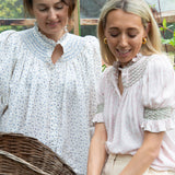 Pom x Smock London Scholl Women's Blouse Short Sleeves Sweetpea Pink Ditsy with Cottage Garden Hand Smocking