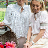 Pom x Smock London Scholl Women's Blouse Short Sleeves Sweetpea Pink Ditsy with Cottage Garden Hand Smocking
