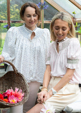 Pom x Smock London Scholl Women's Blouse Short Sleeves Sweetpea Pink Ditsy with Cottage Garden Hand Smocking