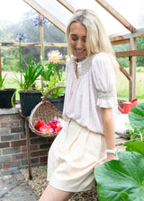 Pom x Smock London Scholl Women's Blouse Short Sleeves Sweetpea Pink Ditsy with Cottage Garden Hand Smocking