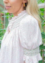 Pom x Smock London Scholl Women's Blouse Short Sleeves Sweetpea Pink Ditsy with Cottage Garden Hand Smocking