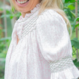 Pom x Smock London Scholl Women's Blouse Short Sleeves Sweetpea Pink Ditsy with Cottage Garden Hand Smocking