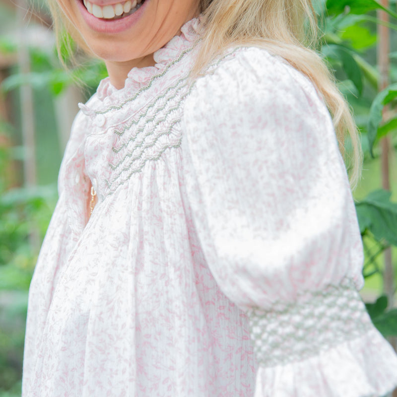 Pom x Smock London Scholl Women's Blouse Short Sleeves Sweetpea Pink Ditsy with Cottage Garden Hand Smocking