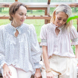 Pom x Smock London Scholl Women's Blouse Short Sleeves Sweetpea Pink Ditsy with Cottage Garden Hand Smocking