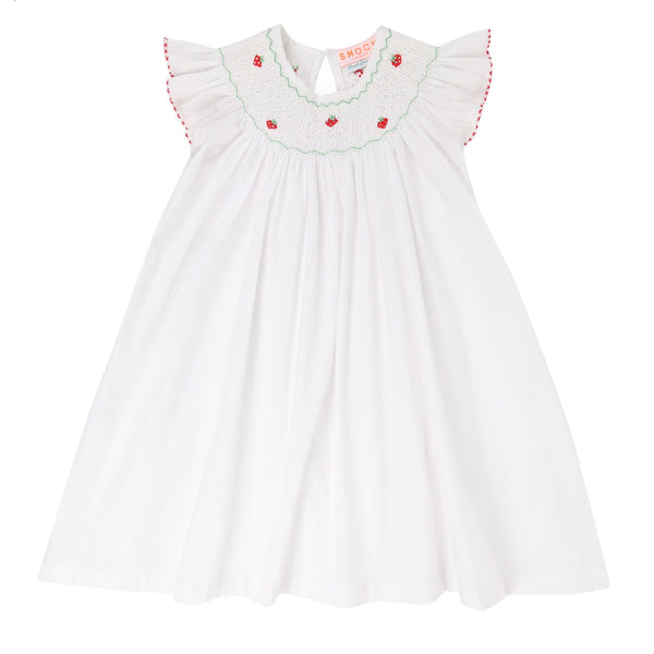 Queen Elizabeth 1st Girl's Dress Moonstone White with Strawberry Hand Smocking