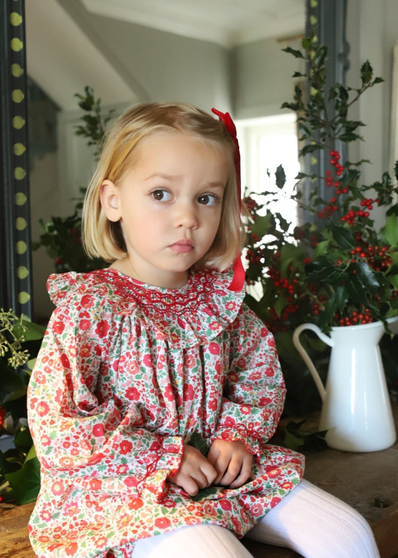 Queen Victoria Romper with Poinsettia Hand Smocking made with Liberty D'Anjo Fabric