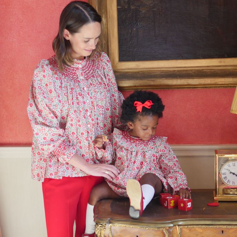 Queen Victoria Romper with Poinsettia Hand Smocking made with Liberty D'Anjo Fabric