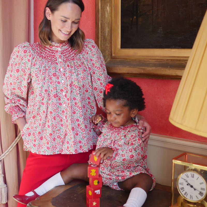 Queen Victoria Romper with Poinsettia Hand Smocking made with Liberty D'Anjo Fabric