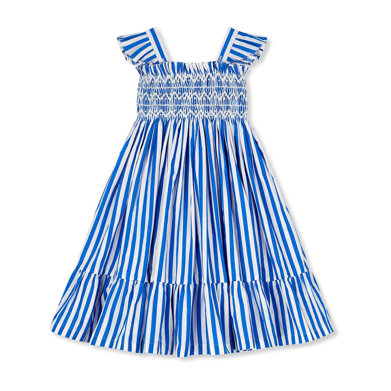 Rachel Carson Dress Lapiz Lazuli Stripe with Chantilly Hand Smocking