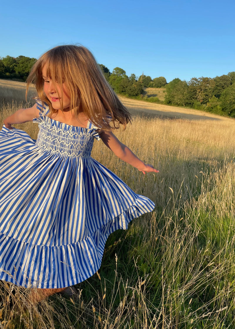 Rachel Carson Dress Lapiz Lazuli Stripe with Chantilly Hand Smocking